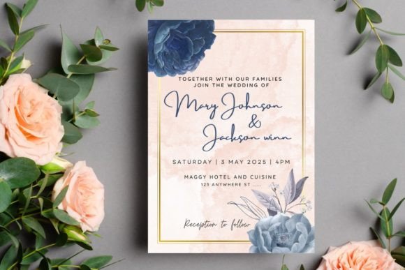 20 Canva Wedding Invitation Templates You Can Easily Edit 14 Floral wedding invitation featuring blue and pink flowers with elegant typography.