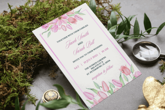 20 Canva Wedding Invitation Templates You Can Easily Edit 19 Floral wedding invitation featuring pink tulips and elegant typography.