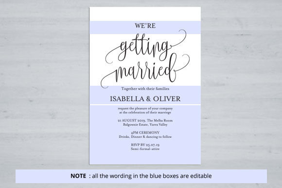 15 Wedding Invitation Template Ideas for Every Style 27 Elegant wedding invitation with editable blue text fields for names and details.