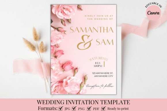 14 Wedding Invitation Template Ideas That Look Expensive 12 Elegant wedding invitation template with pink roses and gold lettering.