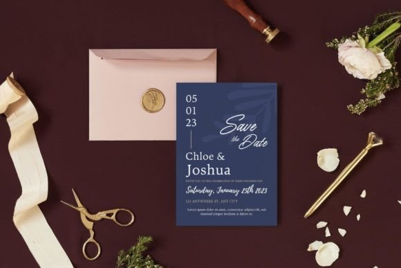 14 Editable Wedding Invitation Templates for Modern Couples 23 Elegant navy blue save the date invitation with floral accents and a pink envelope.