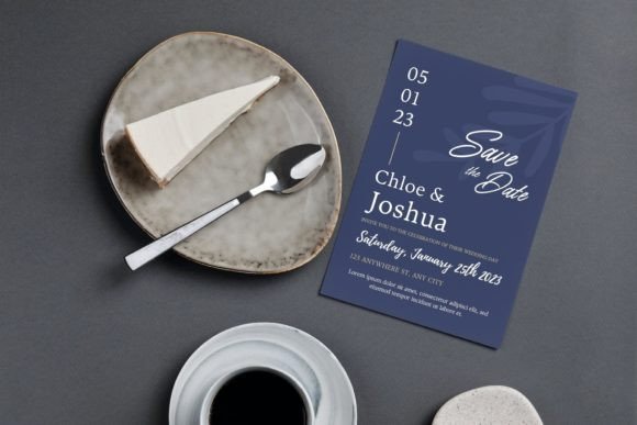 20 Canva Wedding Invitation Templates You Can Easily Edit 9 Elegant navy blue save the date card with wedding details and a slice of cake on a plate.
