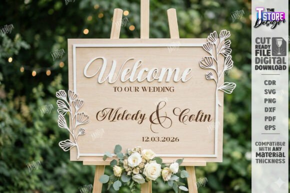 34 Acrylic Laser Cut Designs That Look Professional 37 Rustic wedding welcome sign with names Melody and Colin, floral accents, and date.