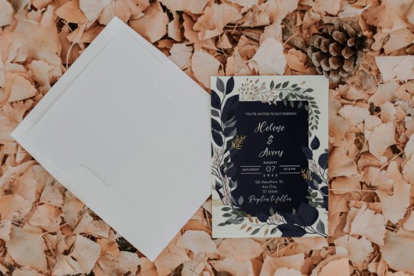 14 Editable Wedding Invitation Templates for Modern Couples 5 Elegant wedding invitation with floral design on a bed of leaves.