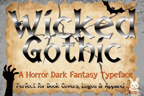 16 Gothic Fonts for Halloween Invitations That Look Stunning 13 Wicked Gothic font displayed on a torn paper background with bats.