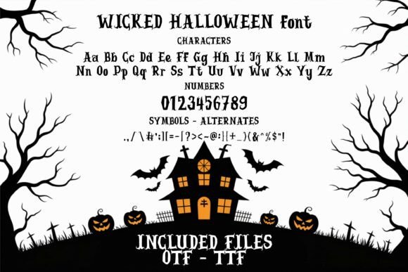 34 Best Halloween Fonts for Cricut Projects to Sell 22 Wicked Halloween font showcasing characters, numbers, and symbols on a spooky background.