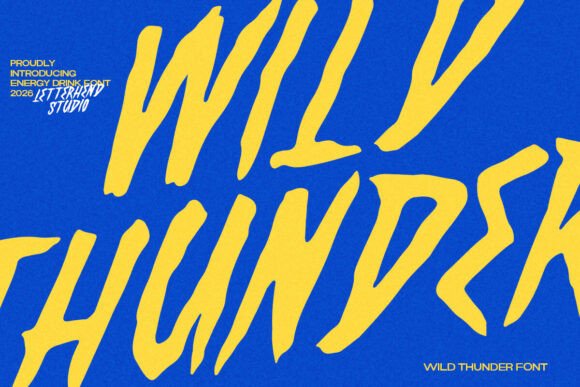 15 Premium Graffiti Fonts That Actually Look Hand-Painted 14 Bold graffiti font design featuring the words 'WILD THUNDER' in yellow on a blue background.
