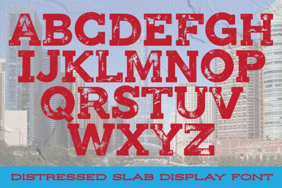 20 Bold Slab Serif Fonts: Powerful Logo & Headline Picks 14 Distressed slab display font showcasing uppercase letters against a city skyline background.