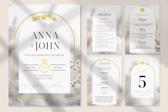 20 Canva Wedding Invitation Templates You Can Easily Edit 29 Elegant wedding invitation suite featuring gold accents and floral design.