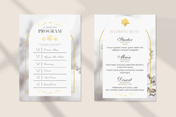 20 Canva Wedding Invitation Templates You Can Easily Edit 30 Elegant wedding program and menu design with gold accents and floral elements.