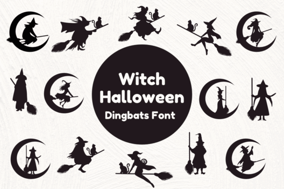 47 Best Halloween Fonts for Crafts, Parties, and Products 58 Various witch-themed dingbats in a circular layout with a Halloween theme.