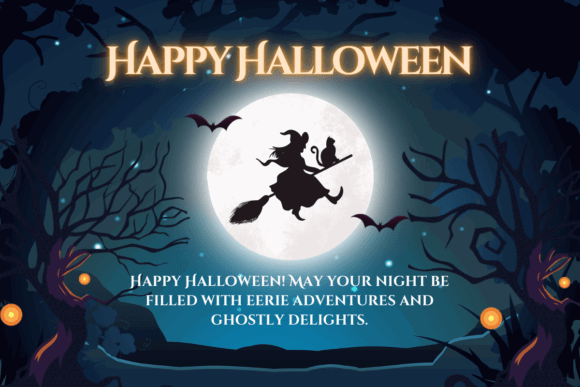 47 Best Halloween Fonts for Crafts, Parties, and Products 59 A witch flying on a broomstick with a cat against a full moon, surrounded by bats and spooky trees.