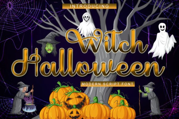 47 Best Halloween Fonts for Crafts, Parties, and Products 41 Witch Halloween modern script font with pumpkins and ghosts.