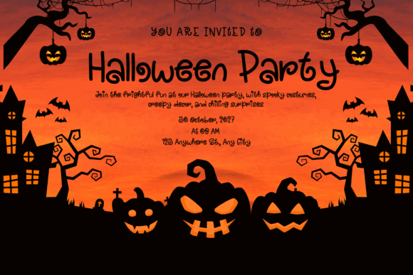 Halloween Witchy Fonts: 19 Best Picks for Spellbooks 21 Halloween party invitation with spooky pumpkins and haunted house silhouette against an orange sunset.