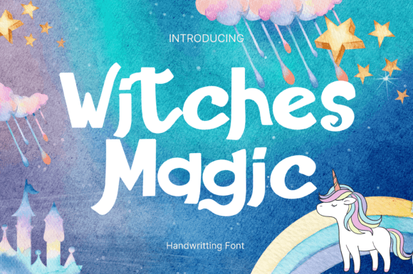 Halloween Witchy Fonts: 19 Best Picks for Spellbooks 18 Colorful design featuring the text 'Witches Magic' with whimsical elements and a unicorn.