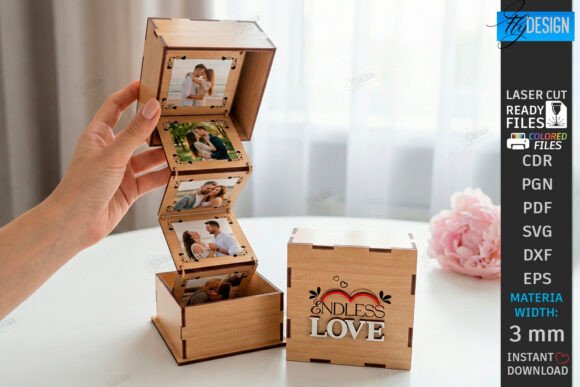 Wood Laser Cut Ideas: 45 Creative Projects Worth Making 13 Wooden love photo memory box with photos and engraved text.