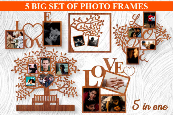 Wooden Laser Cut Gift Ideas: 26 Amazing Personalized Project 8 Wooden laser cut photo frames arranged in a tree design with love elements.
