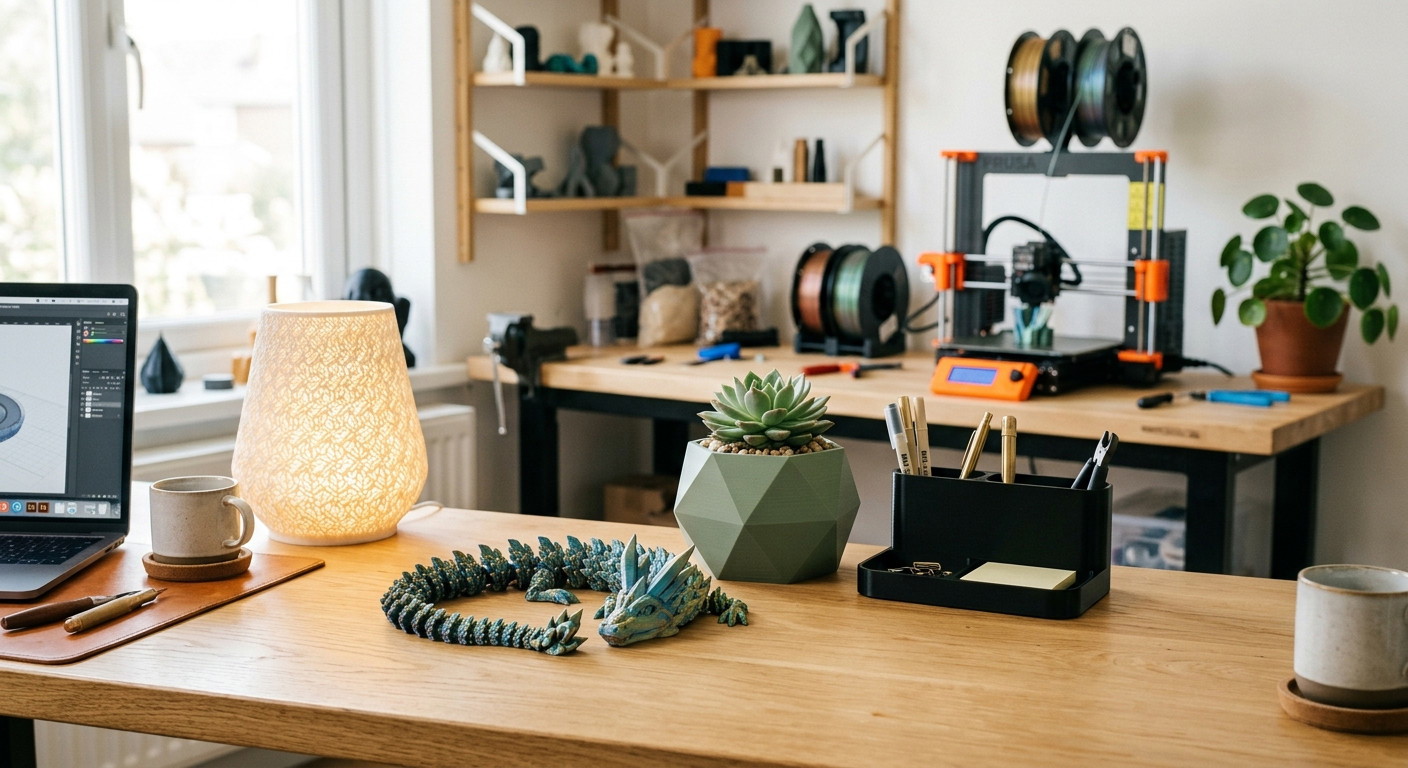 A 3D printing workspace with a laptop, an articulated dragon, a geometric planter, and a 3D printer in the background