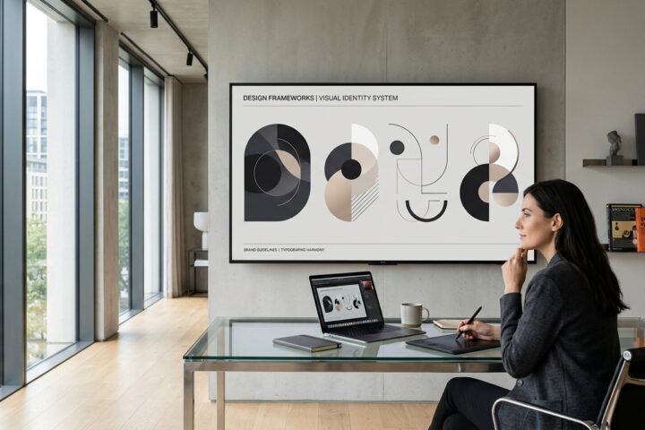 A designer in a modern office reviews a visual identity system on a large wall-mounted screen