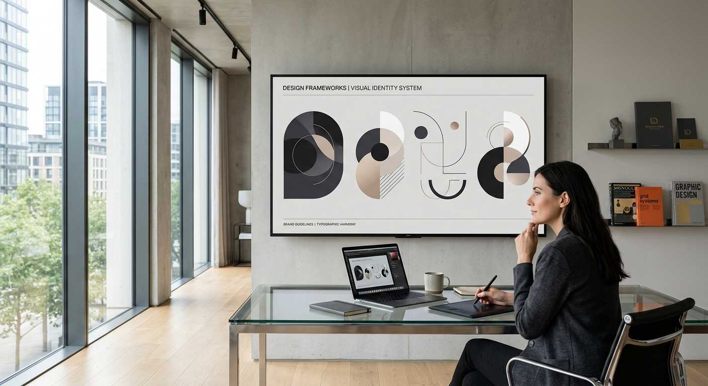 A designer in a modern office reviews a visual identity system on a large wall-mounted screen