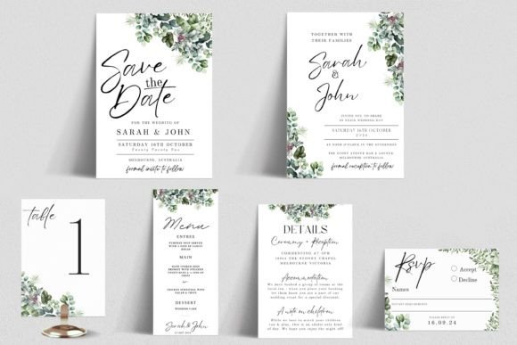 20 Canva Wedding Invitation Templates You Can Easily Edit 3 Eucalyptus wedding invitation suite with save the date, RSVP, menu, and details card.
