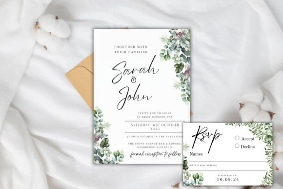 20 Canva Wedding Invitation Templates You Can Easily Edit 2 Eucalyptus wedding invitation and RSVP card with floral design.