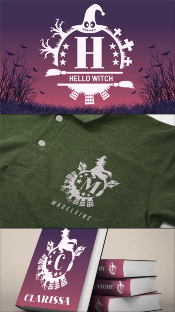 Halloween Witchy Fonts: 19 Best Picks for Spellbooks 3 Witch-themed designs featuring the Hello Witch font on various items.