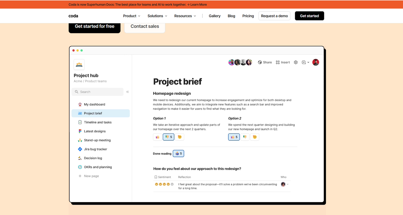 12 Best Notion Alternatives for Notes, Projects, and Teamwork 3 Coda project hub interface displaying a project brief with options and feedback sections.