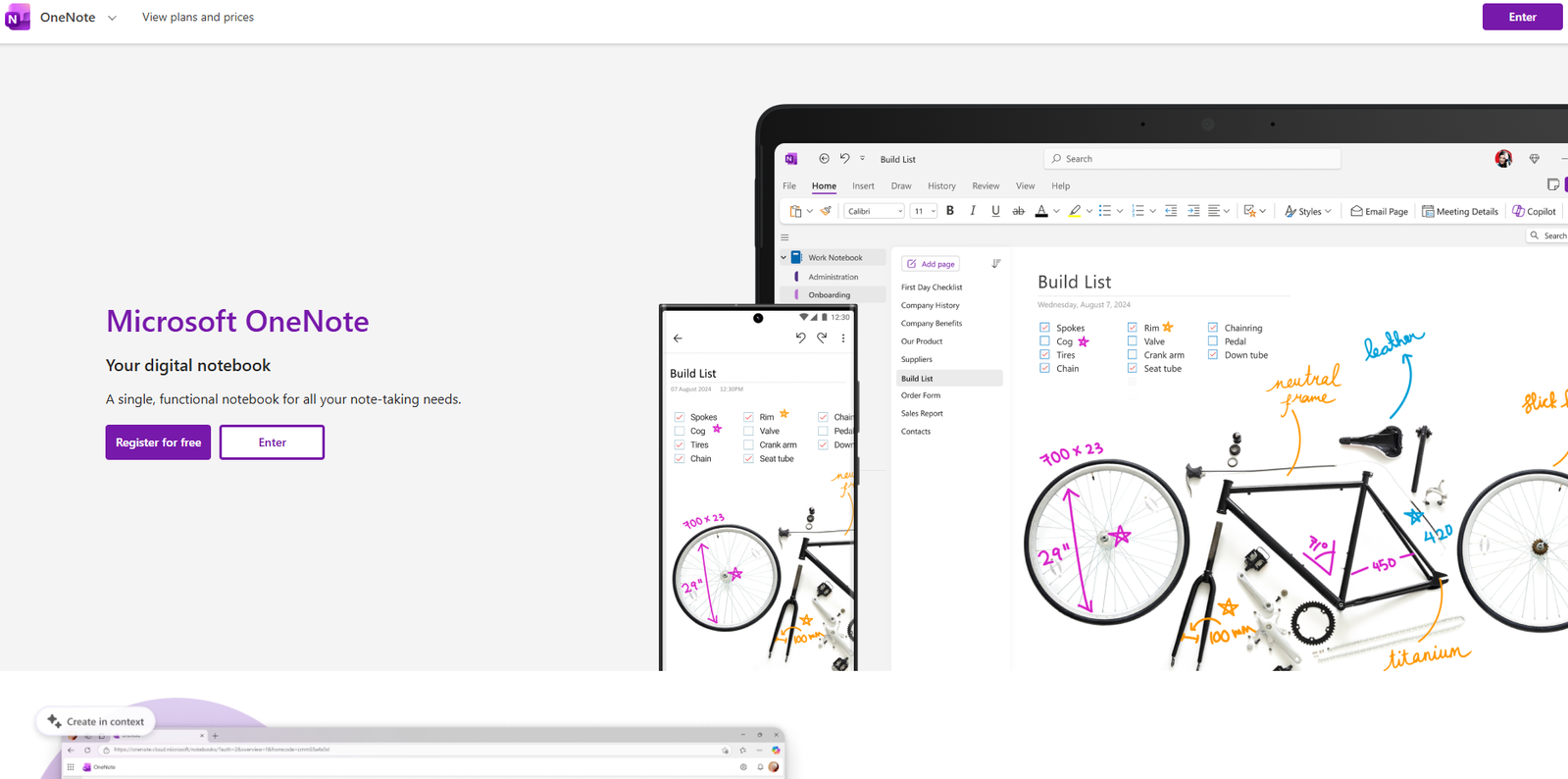 12 Best Notion Alternatives for Notes, Projects, and Teamwork 6 Microsoft OneNote interface showcasing a digital notebook with a bicycle sketch.