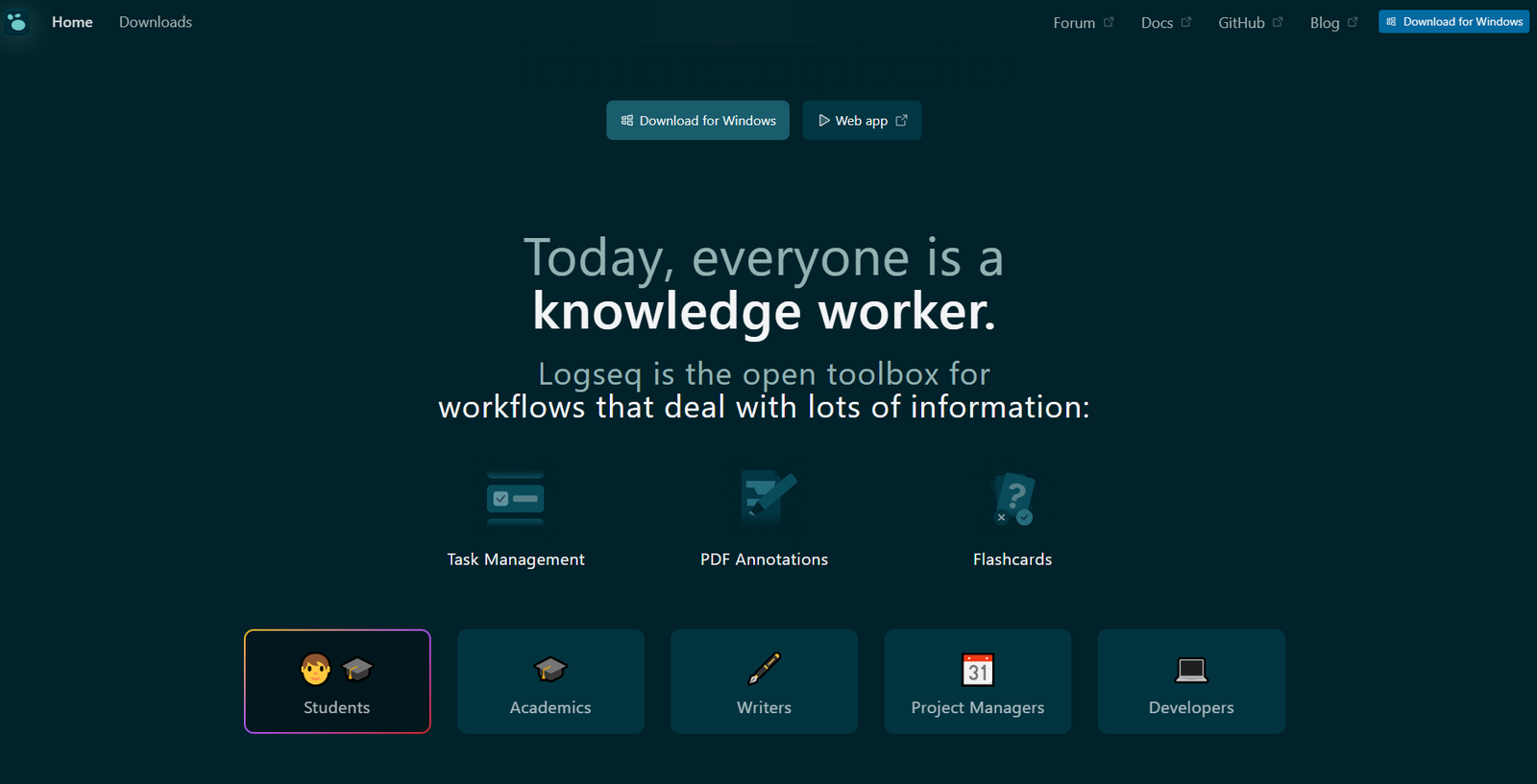 12 Best Notion Alternatives for Notes, Projects, and Teamwork 10 Logseq homepage featuring tools for knowledge workers.