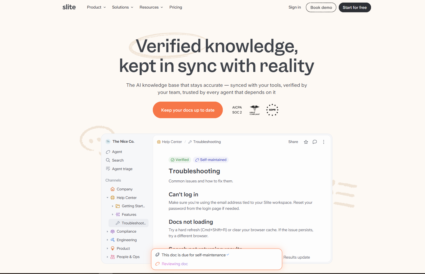 12 Best Notion Alternatives for Notes, Projects, and Teamwork 13 Slite interface showcasing verified knowledge management tools and troubleshooting options.