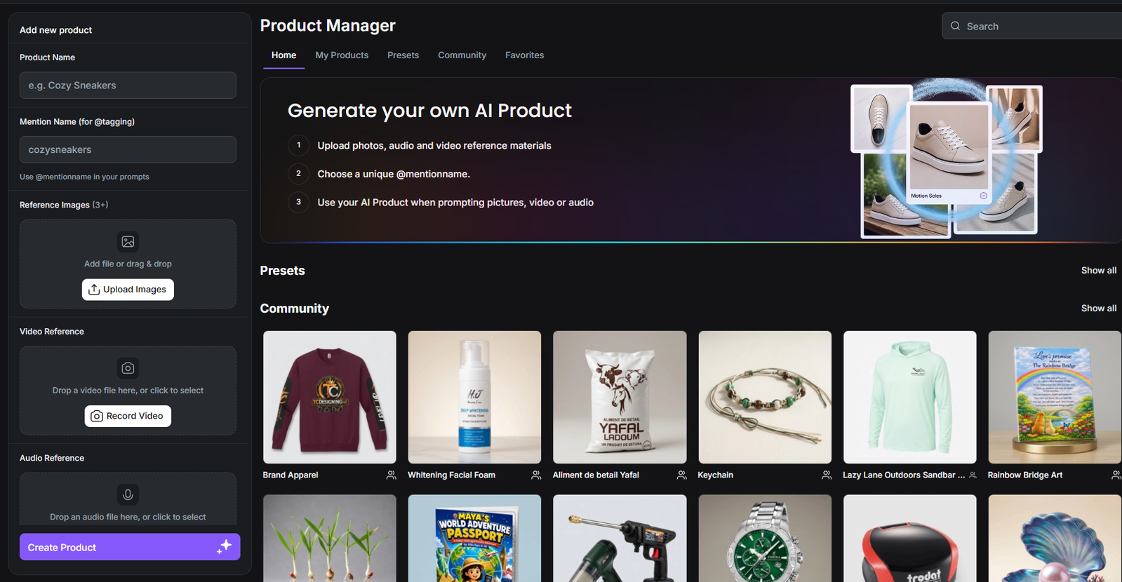 AI Tools for Packaging Design: 11 Powerful Picks for 2026 2 User interface of Creative Fabrica Product Manager showcasing AI product generation tools.