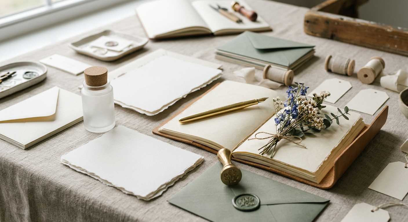 Stationery set with cream and sage green envelopes, open notebooks, a gold pen, and dried flowers on a linen surface