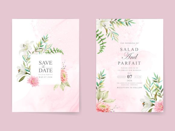 12 Wedding Invitation Template Ideas for Modern Couples 16 Floral wedding invitation suite with save the date and reception details on a pink background.
