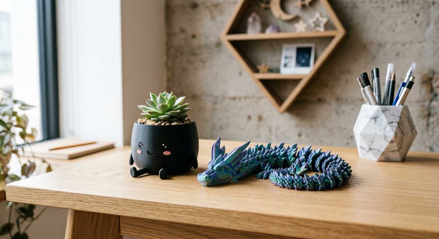Wooden desk with a succulent in a black pot with a smiley face and a blue and purple 3D-printed dragon