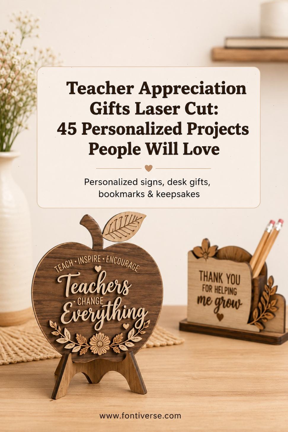 Laser Cut Teacher Appreciation Gifts: 45 Personalized Ideas 56 Laser cut wooden teacher appreciation gifts including a sign and a pencil holder.