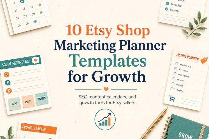 10 Best Etsy Shop Marketing Planner Templates for Growth with various planner designs and tools.
