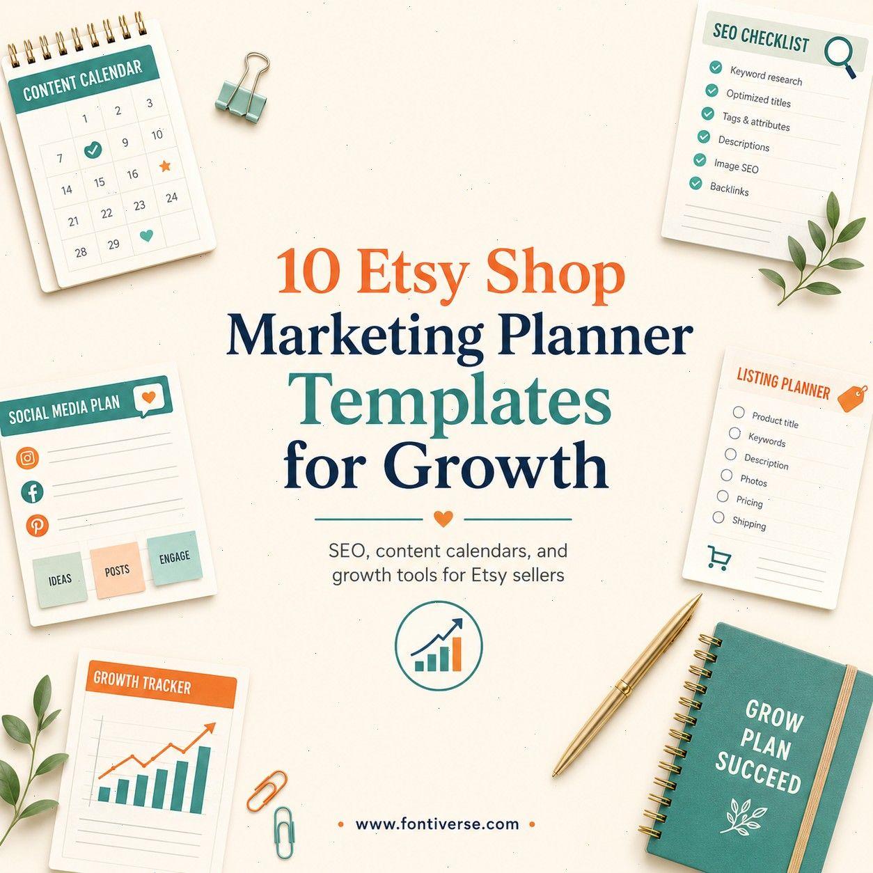 10 Best Etsy Shop Marketing Planner Templates for Growth with various planner designs and tools.