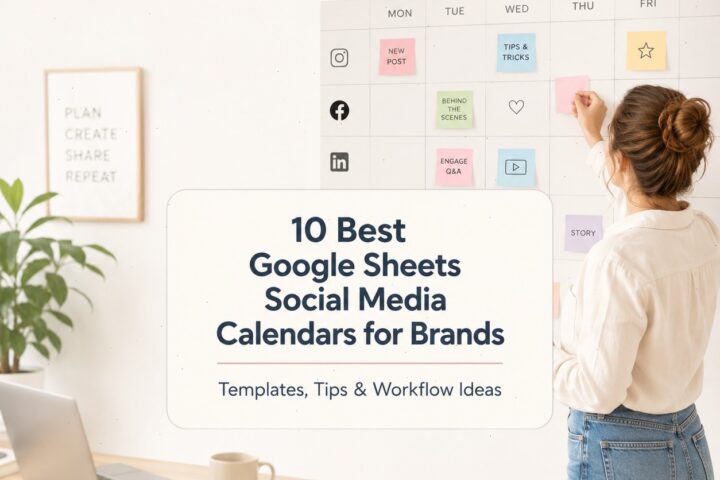 A woman organizing a colorful social media calendar on a wall, showcasing Google Sheets social media calendars.