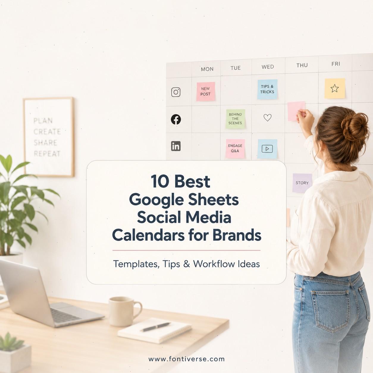 A woman organizing a colorful social media calendar on a wall, showcasing Google Sheets social media calendars.