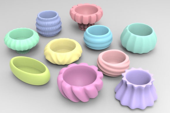 3D Printed Planters Collection Collection of 3D printed planters in pastel colors with various geometric shapes.