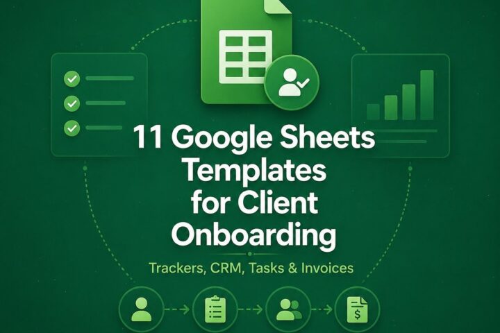 Graphic showcasing Google Sheets templates for client onboarding, including trackers and CRM tools.