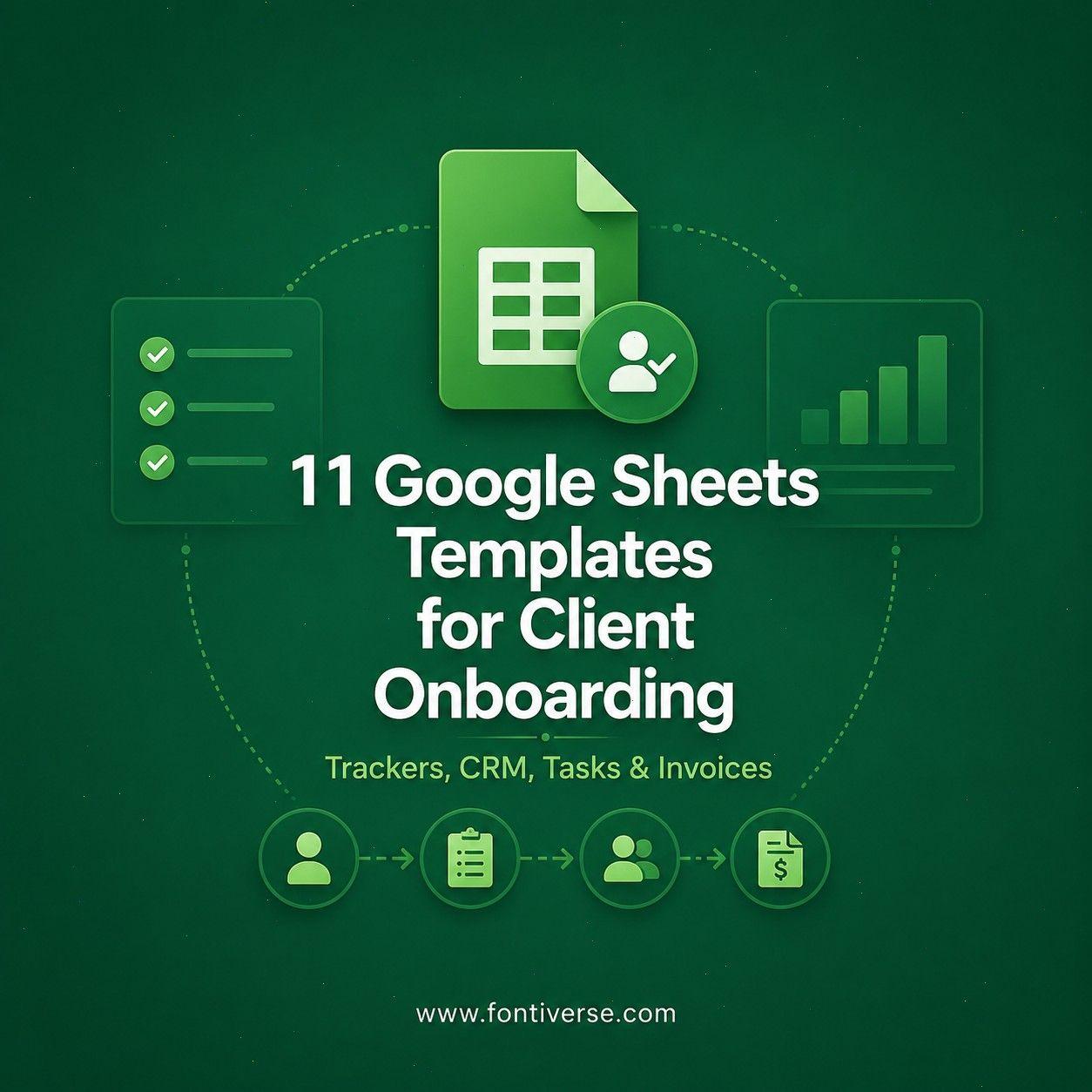 Graphic showcasing Google Sheets templates for client onboarding, including trackers and CRM tools.