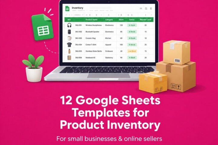 Google Sheets product inventory templates displayed on a laptop with boxes and a plant.