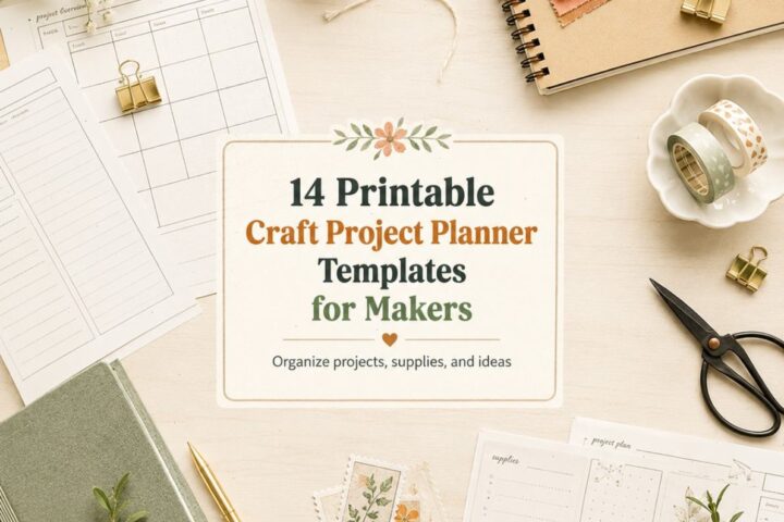 14 Printable Craft Project Planner Templates for Makers displayed on a desk with supplies.