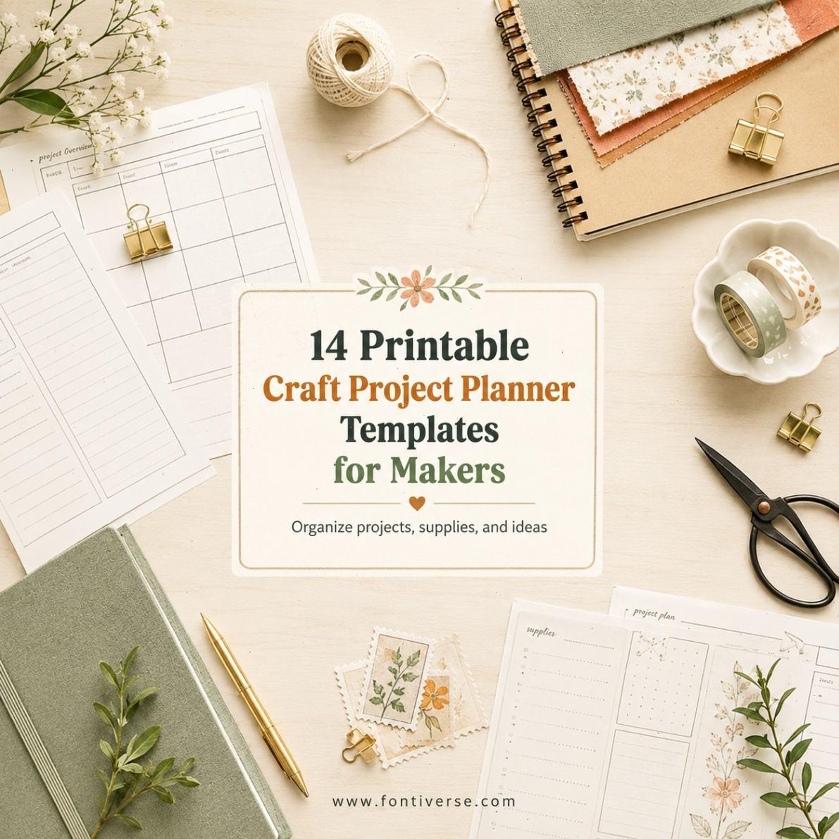 14 Printable Craft Project Planner Templates for Makers displayed on a desk with supplies.