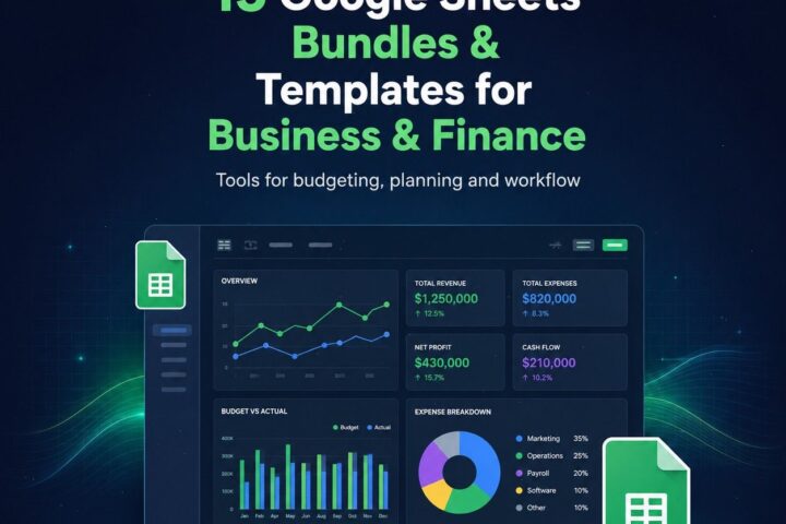 Google Sheets bundles for business and finance, showcasing budgeting and planning tools.