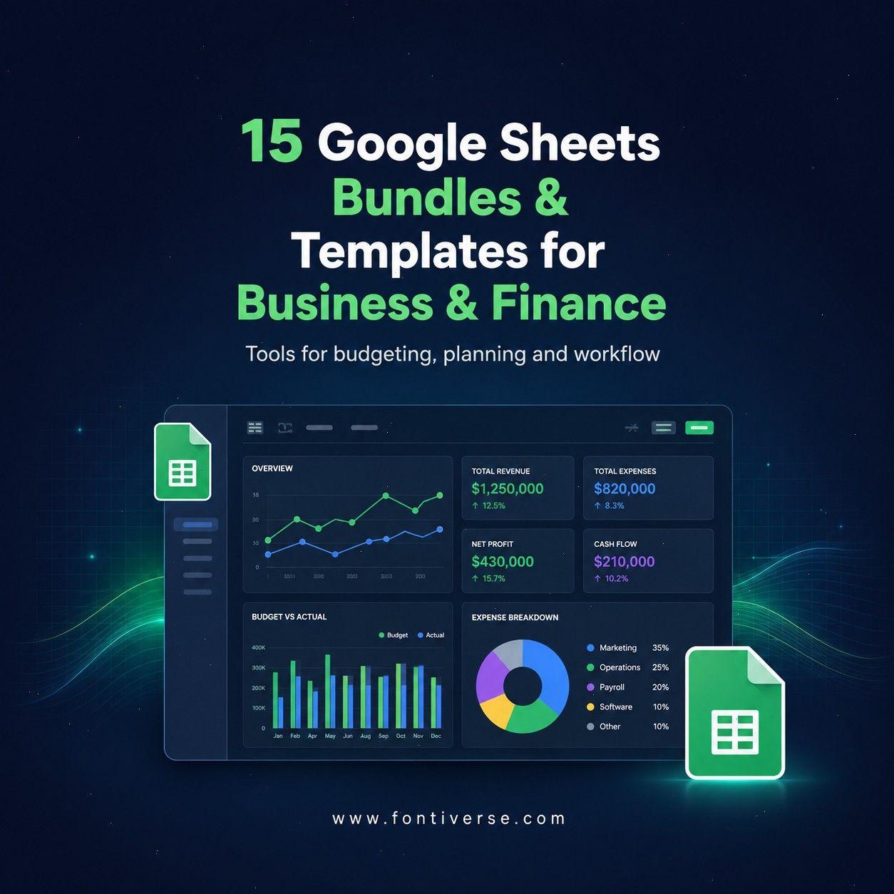 Google Sheets bundles for business and finance, showcasing budgeting and planning tools.