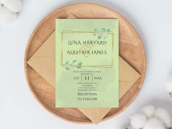 Engagement Party Invite Template: 26 Elegant Picks 37 Elegant green engagement party invitation with floral accents on a wooden platter.