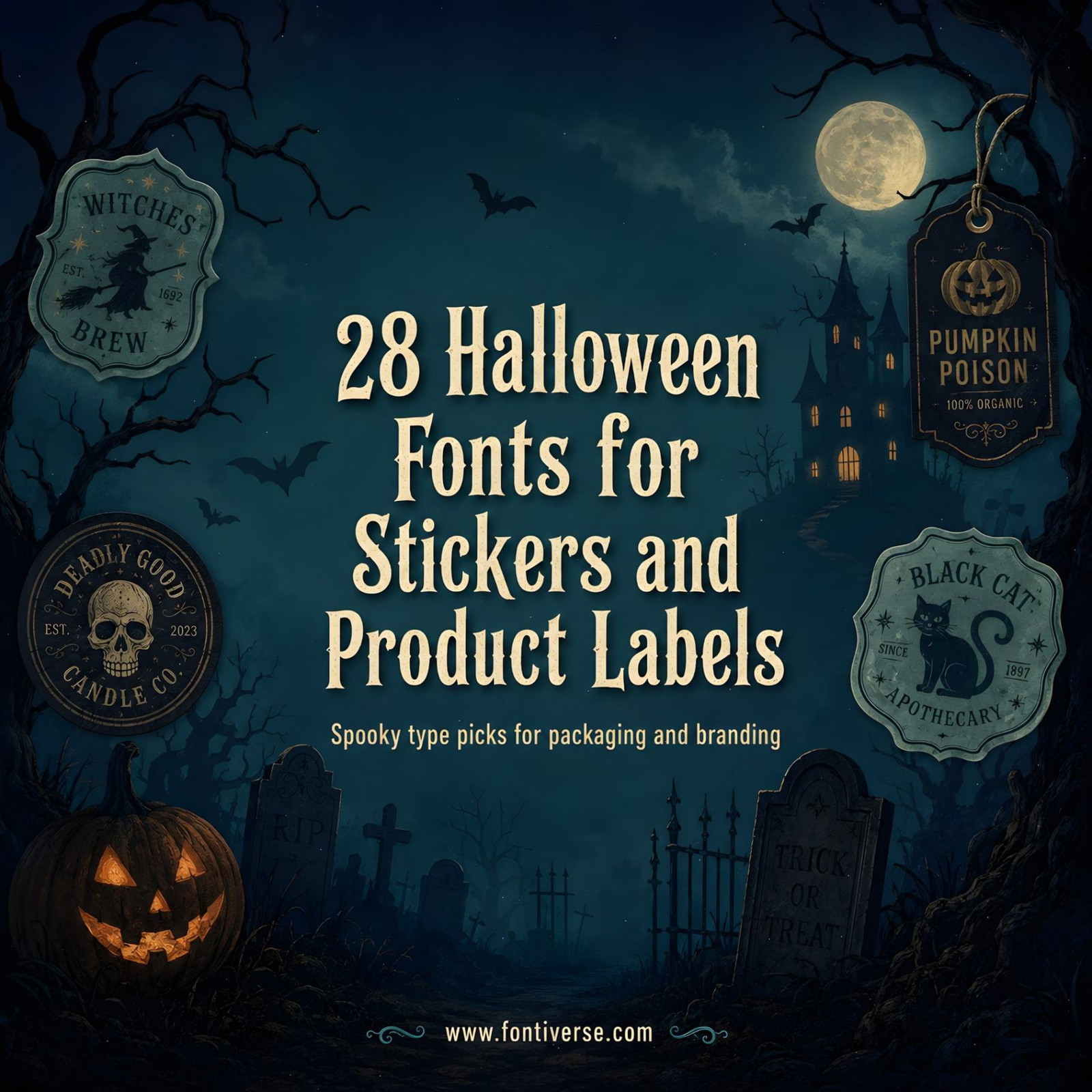 Haunted house scene with Halloween-themed labels and fonts.